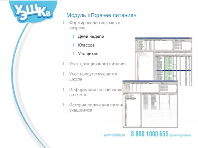 Модуль «Горячее питание» Формирование заказов в разрезе Дней недели Классов Учащихся