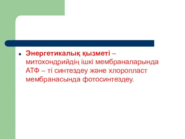 Энергетикалық қызметі – митохондрийдің ішкі мембраналарында АТФ – ті синтездеу және хлоропласт мембранасында фотосинтездеу.