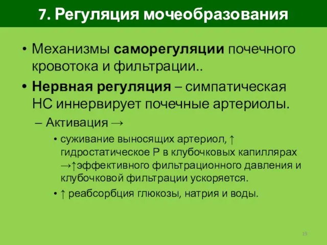 7. Регуляция мочеобразования Механизмы саморегуляции почечного кровотока и фильтрации.. Нервная регуляция