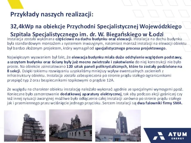 Przykłady naszych realizacji: 32,4kWp na obiekcje Przychodni Specjalistycznej Wojewódzkiego Szpitala Specjalistycznego