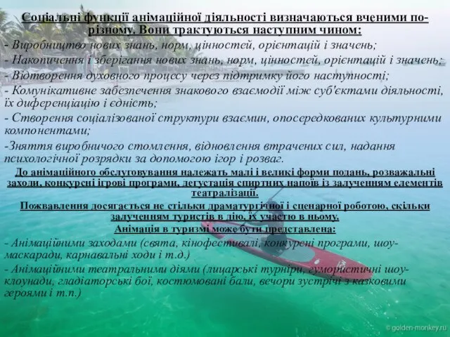 Соціальні функції анімаційної діяльності визначаються вченими по-різному. Вони трактуються наступним чином: