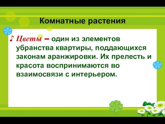 Комнатные растения Цветы – один из элементов убранства квартиры, поддающихся законам