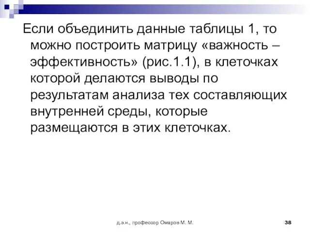 д.э.н., профессор Омаров М. М. Если объединить данные таблицы 1, то