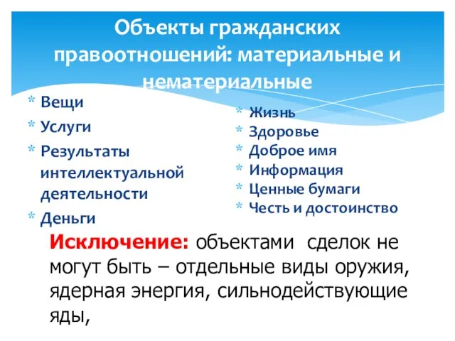 Объекты гражданских правоотношений: материальные и нематериальные Вещи Услуги Результаты интеллектуальной деятельности