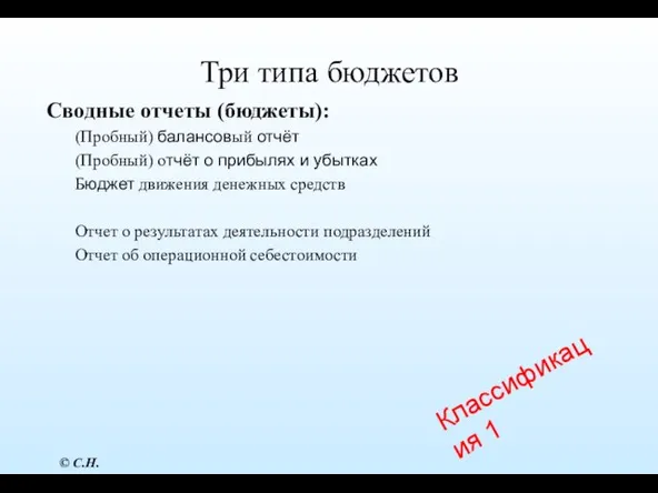 Три типа бюджетов Сводные отчеты (бюджеты): (Пробный) балансовый отчёт (Пробный) отчёт