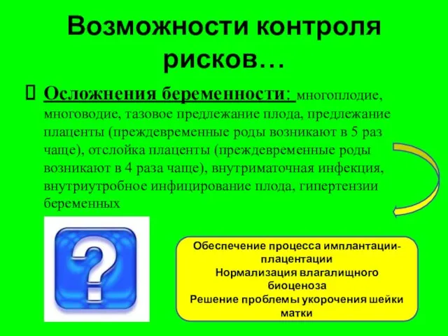 Возможности контроля рисков… Осложнения беременности: многоплодие, многоводие, тазовое предлежание плода, предлежание