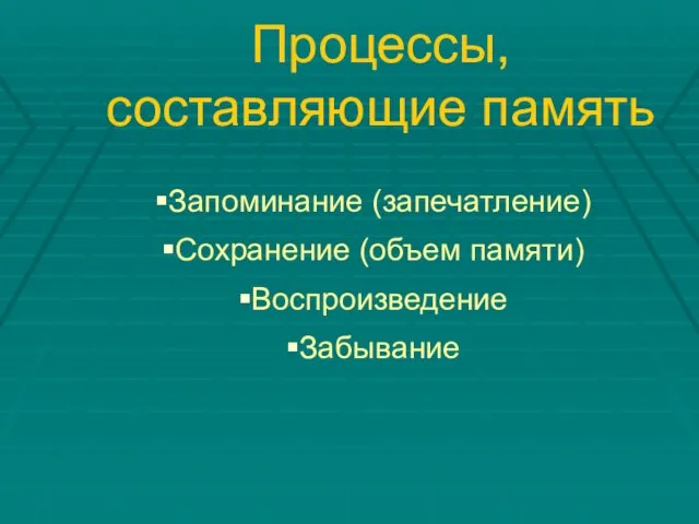 Процессы, составляющие память Запоминание (запечатление) Сохранение (объем памяти) Воспроизведение Забывание