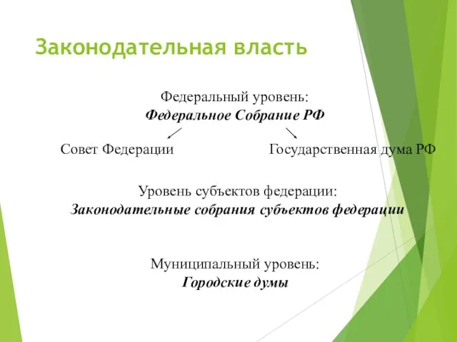 Законодательная власть Федеральный уровень: Федеральное Собрание РФ Совет Федерации Государственная дума