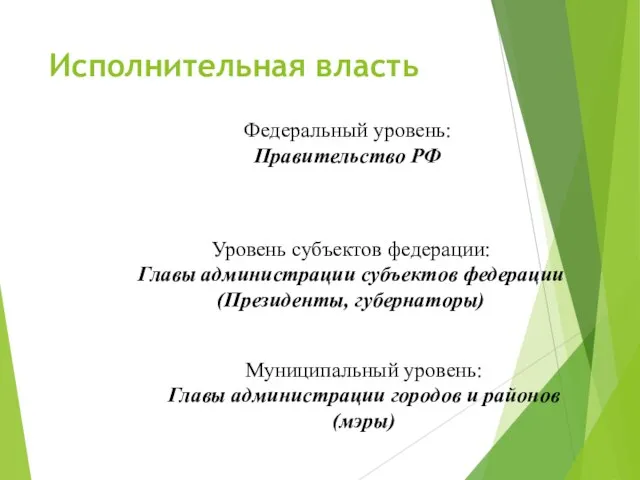 Исполнительная власть Федеральный уровень: Правительство РФ Уровень субъектов федерации: Главы администрации
