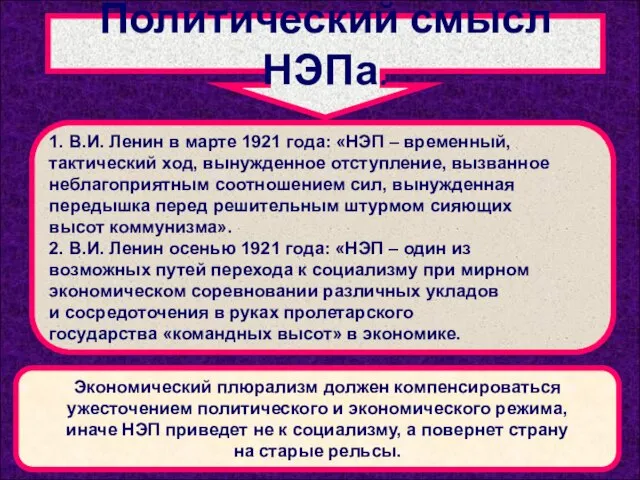 Политический смысл НЭПа. 1. В.И. Ленин в марте 1921 года: «НЭП