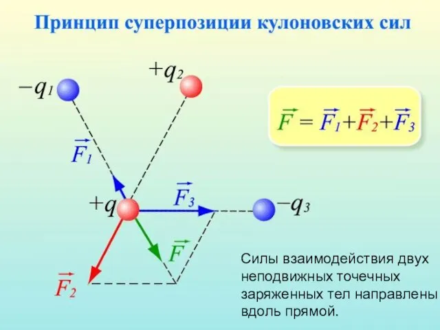 Силы взаимодействия двух неподвижных точечных заряженных тел направлены вдоль прямой.