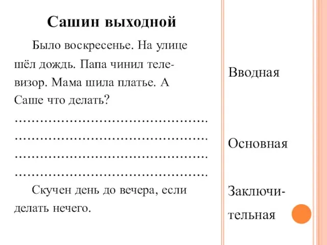 Вводная Основная Заключи- тельная Сашин выходной Было воскресенье. На улице шёл