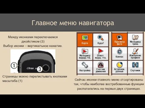 Между иконками переключаемся джойстиком (3) Выбор иконки – вертикальное нажатие. Главное