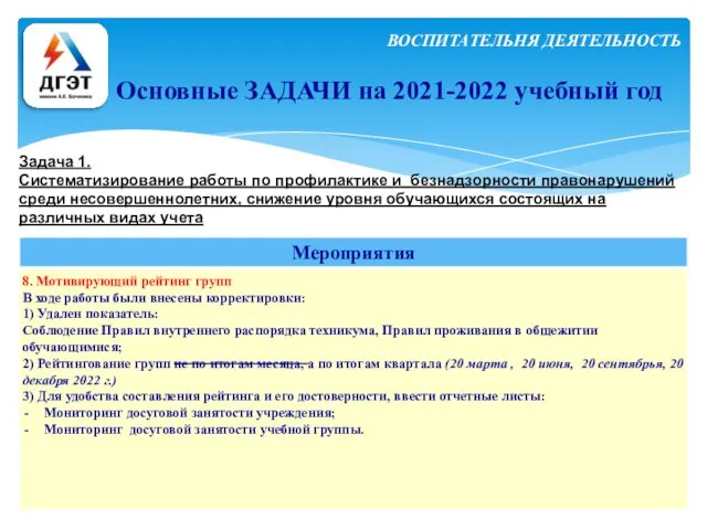 Основные ЗАДАЧИ на 2021-2022 учебный год Задача 1. Систематизирование работы по