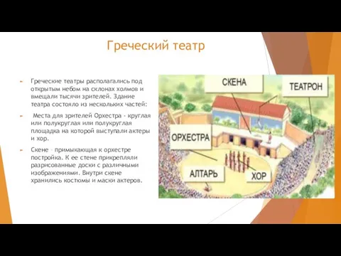 Греческий театр Греческие театры располагались под открытым небом на склонах холмов