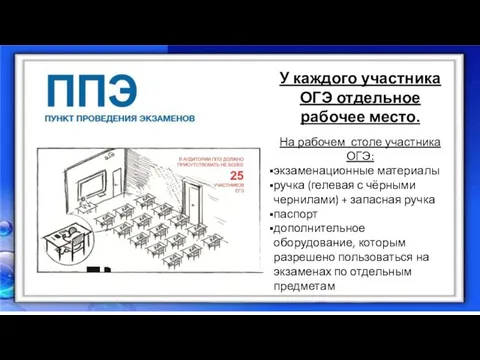 У каждого участника ОГЭ отдельное рабочее место. На рабочем столе участника