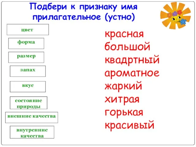 форма размер вкус Подбери к признаку имя прилагательное (устно) цвет внешние