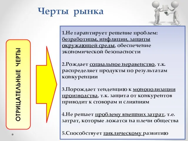 Черты рынка ОТРИЦАТЕЛЬНЫЕ ЧЕРТЫ 1.Не гарантирует решение проблем: безработицы, инфляции, защиты