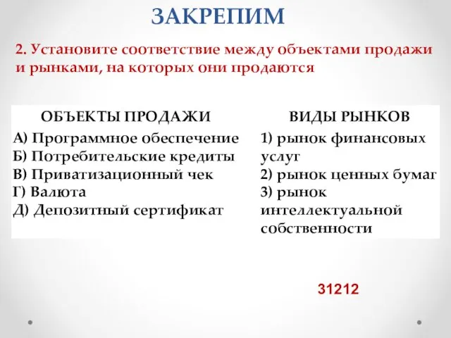 2. Установите соответствие между объектами продажи и рынками, на которых они продаются 31212 ЗАКРЕПИМ