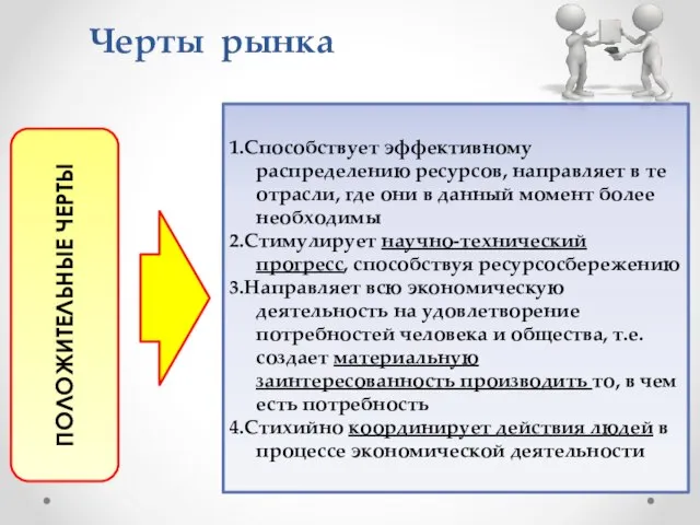 Черты рынка ПОЛОЖИТЕЛЬНЫЕ ЧЕРТЫ 1.Способствует эффективному распределению ресурсов, направляет в те