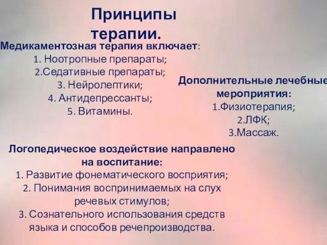 Медикаментозная терапия включает: 1. Ноотропные препараты; 2.Седативные препараты; 3. Нейролептики; 4.