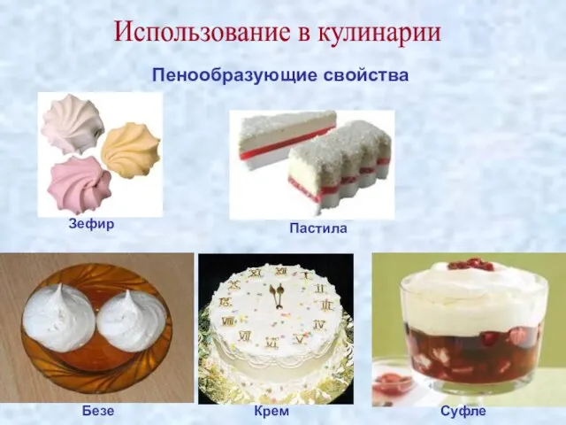 Пенообразующие свойства Использование в кулинарии Безе Крем Суфле Зефир Пастила
