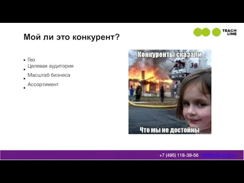 Мой ли это конкурент? Гео Целевая аудитория Масштаб бизнеса Ассортимент info@teachline.ru +7 (495) 118-39-56