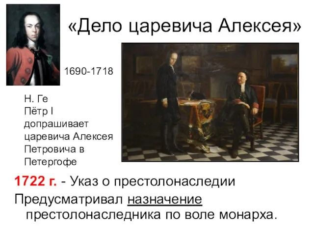 «Дело царевича Алексея» 1722 г. - Указ о престолонаследии Предусматривал назначение