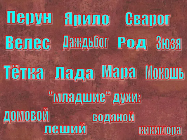 Перун Ярило Сварог Велес Даждьбог Зюзя Тётка Лада Мара "младшие" духи: