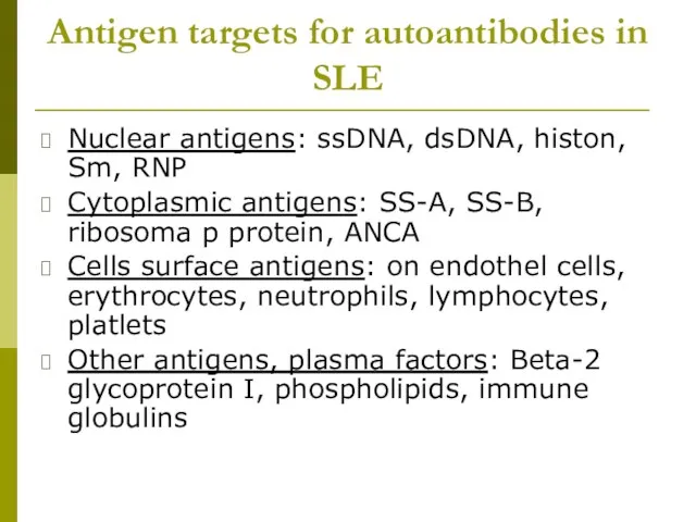 Antigen targets for autoantibodies in SLE Nuclear antigens: ssDNA, dsDNA, histon,