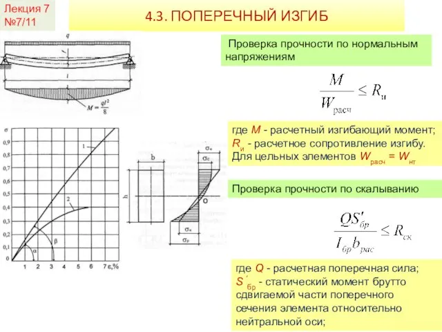 Лекция 7 №7/11 4.3. ПОПЕРЕЧНЫЙ ИЗГИБ Проверка прочности по нормальным напряжениям