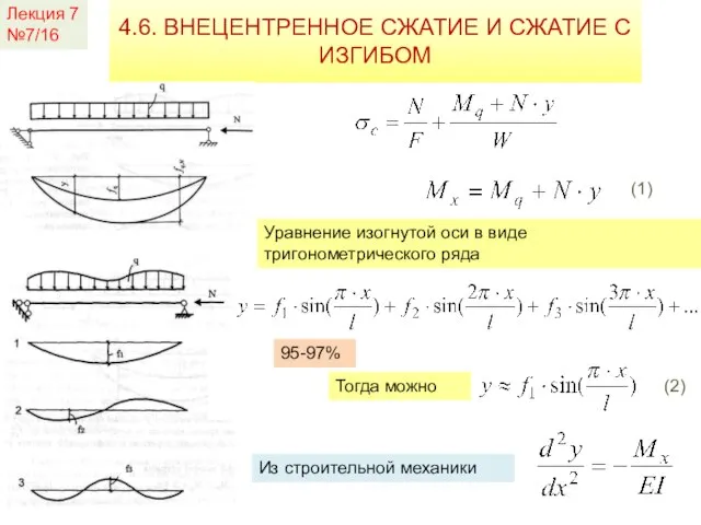 Лекция 7 №7/16 4.6. ВНЕЦЕНТРЕННОЕ СЖАТИЕ И СЖАТИЕ С ИЗГИБОМ Уравнение