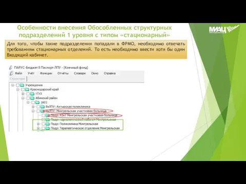 Особенности внесения Обособленных структурных подразделений 1 уровня с типом «стационарный» Для