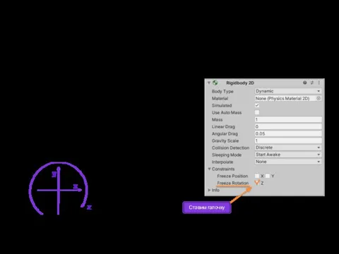 Немного о Rigidbody2D Галочка у Freeze Position запрещает объекту перемещаться по