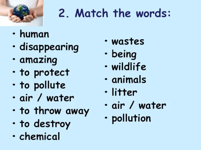 2. Match the words: human disappearing amazing to protect to pollute