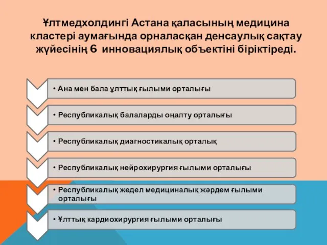 Ұлтмедхолдингі Астана қаласының медицина кластері аумағында орналасқан денсаулық сақтау жүйесінің 6 инновациялық объектіні біріктіреді.