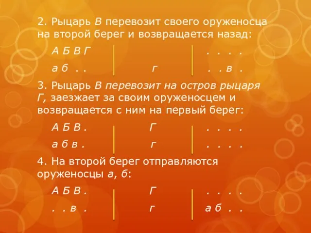 2. Рыцарь В перевозит своего оруженосца на второй берег и возвращается