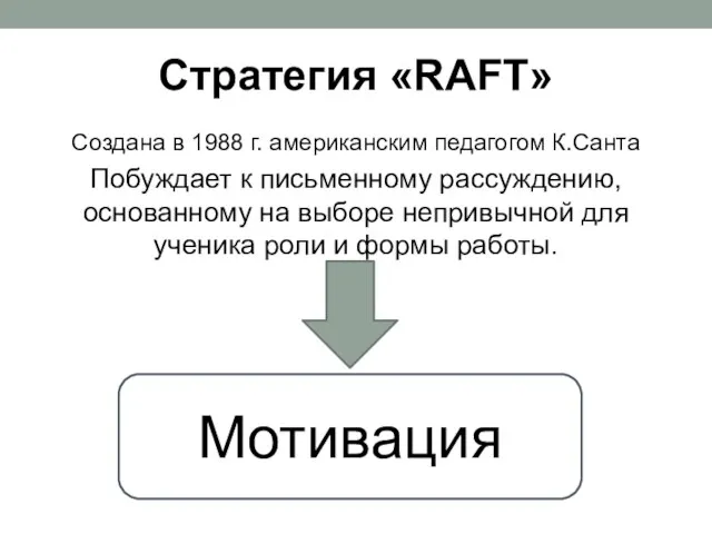 Стратегия «RAFT» Создана в 1988 г. американским педагогом К.Санта Побуждает к