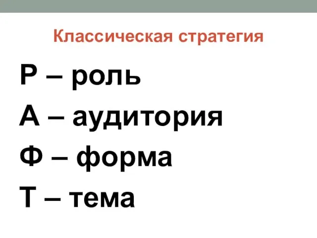 Классическая стратегия Р – роль А – аудитория Ф – форма Т – тема