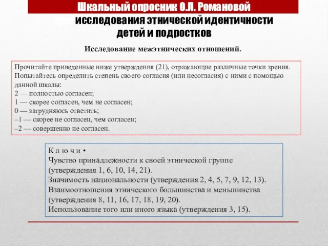 Шкальный опросник О.Л. Романовой для исследования этнической идентичности детей и подростков