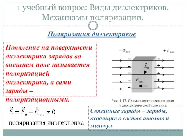 1 учебный вопрос: Виды диэлектриков. Механизмы поляризации. Поляризация диэлектриков Появление на