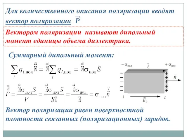 Вектором поляризации называют дипольный момент единицы объема диэлектрика. Суммарный дипольный момент: