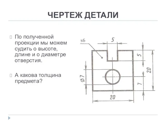 ЧЕРТЕЖ ДЕТАЛИ По полученной проекции мы можем судить о высоте, длине