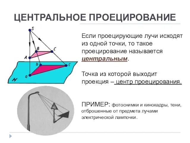 ЦЕНТРАЛЬНОЕ ПРОЕЦИРОВАНИЕ Если проецирующие лучи исходят из одной точки, то такое