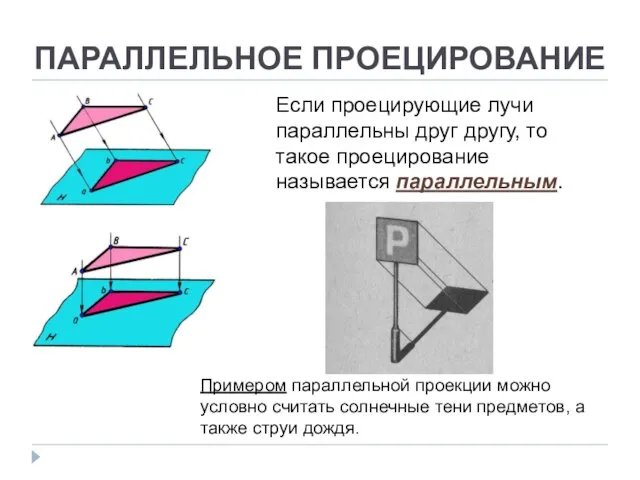 ПАРАЛЛЕЛЬНОЕ ПРОЕЦИРОВАНИЕ Если проецирующие лучи параллельны друг другу, то такое проецирование