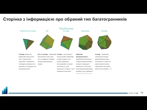 Сторінка з інформацією про обраний тип багатогранників