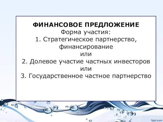 ФИНАНСОВОЕ ПРЕДЛОЖЕНИЕ Форма участия: 1. Стратегическое партнерство, финансирование или 2. Долевое