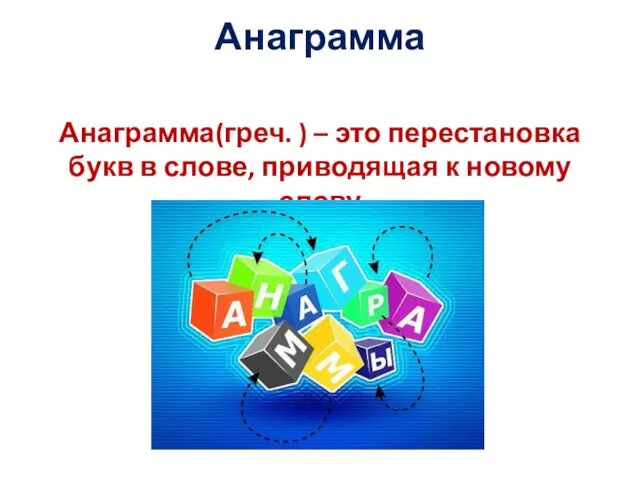 Анаграмма Анаграмма(греч. ) – это перестановка букв в слове, приводящая к новому слову