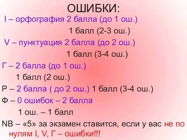 ОШИБКИ: I – орфография 2 балла (до 1 ош.) 1 балл