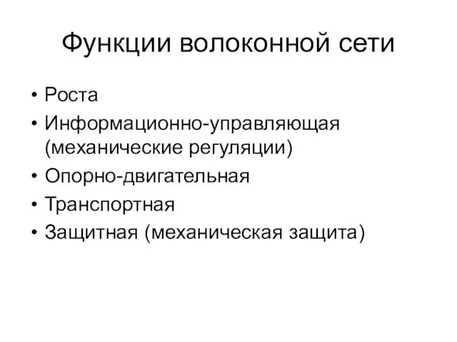 Функции волоконной сети Роста Информационно-управляющая (механические регуляции) Опорно-двигательная Транспортная Защитная (механическая защита)